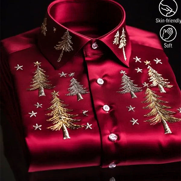 Alohadaddy® Men's Christmas Tree Print Lapel Satin Long Sleeve Shirt Big & Tall