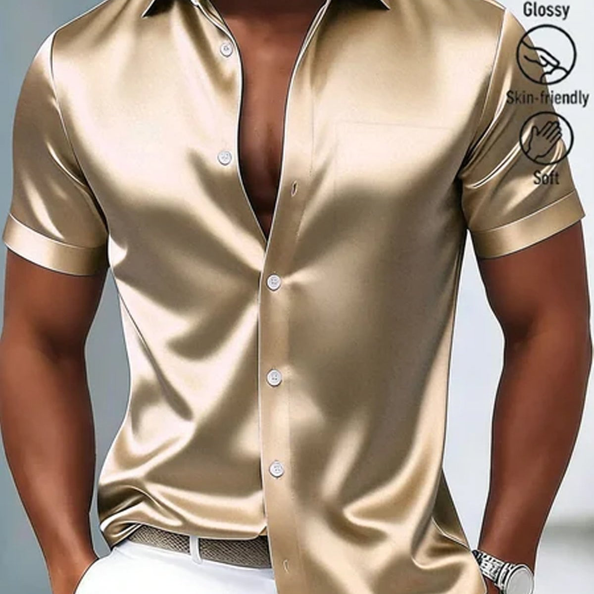 Alohadaddy® Retro Satin Glossy Printed Men's Button-Down Short-Sleeve Shirt Big & Tall