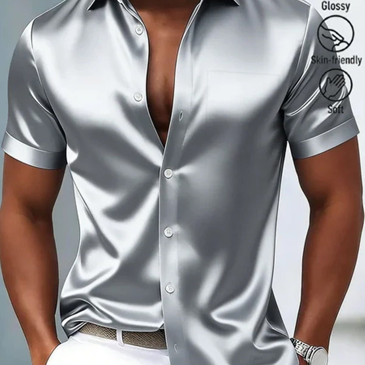 Alohadaddy® Retro Satin Glossy Printed Men's Button-Down Short-Sleeve Shirt Big & Tall