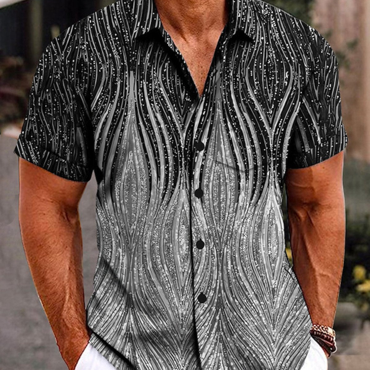 Alohadaddy 50's Retro Medieval Geometric Men's Camp Shirt Quick-drying Stretch Dark Gray Gradient Art Shirt Big Tall