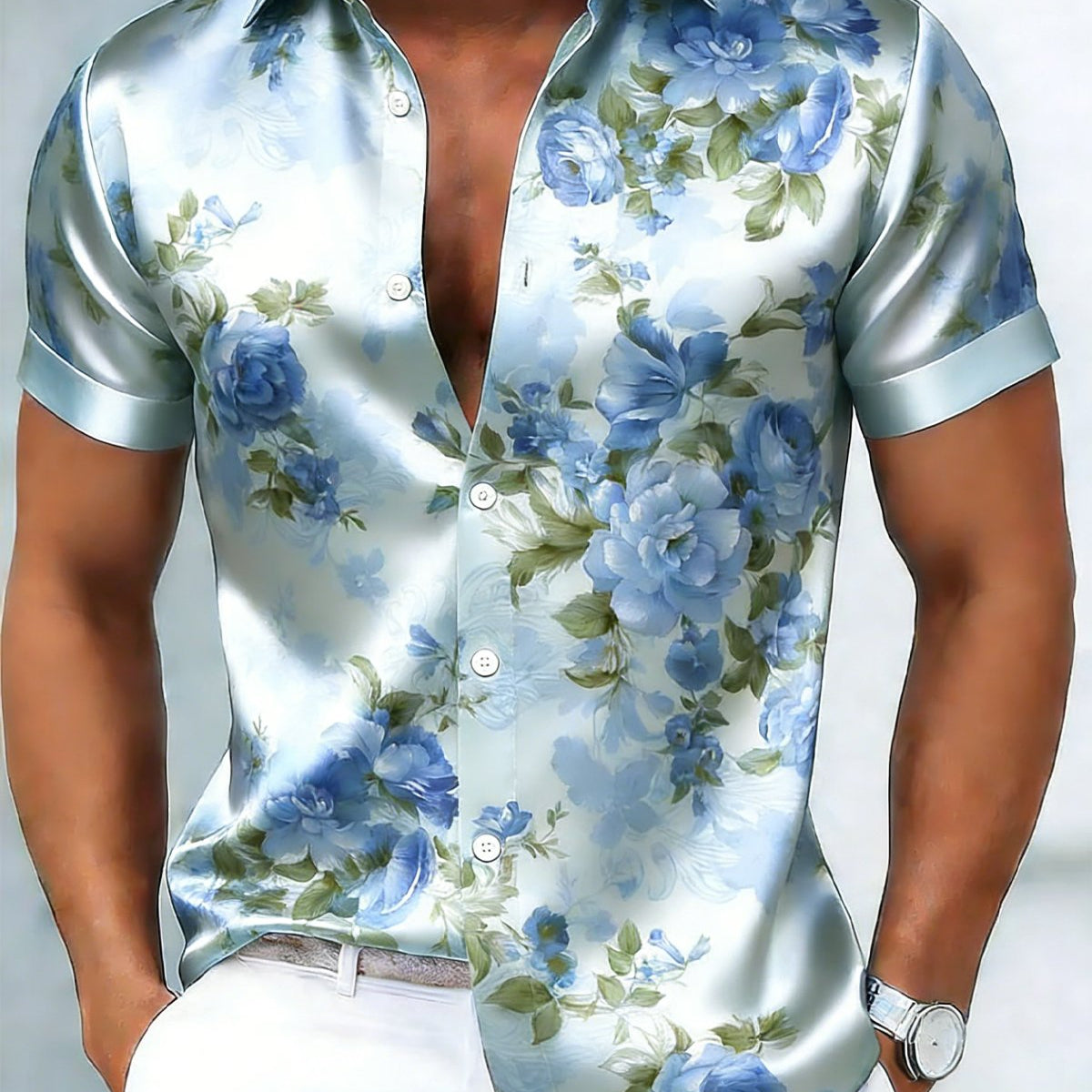 Alohadaddy® Satin Hawaiian Vintage Floral Button-Down Short-Sleeve Shirt