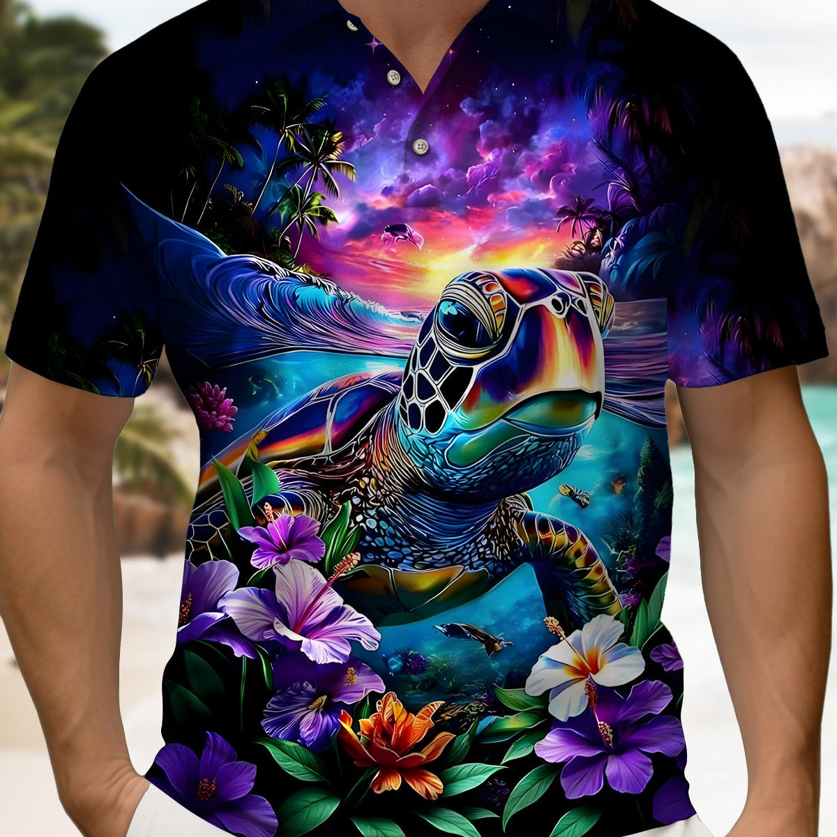 Alohadaddy® Hawaiian Abstract Turtle and Floral Short-Sleeved Polo Shirt
