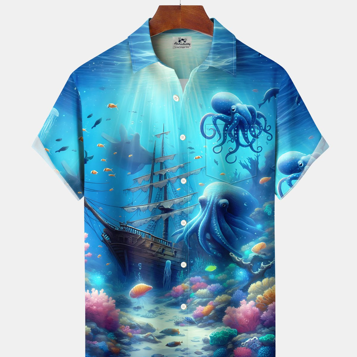 Alohadaddy® Hawaiian Octopus and Tropical Fish Print Short-Sleeved Shirt