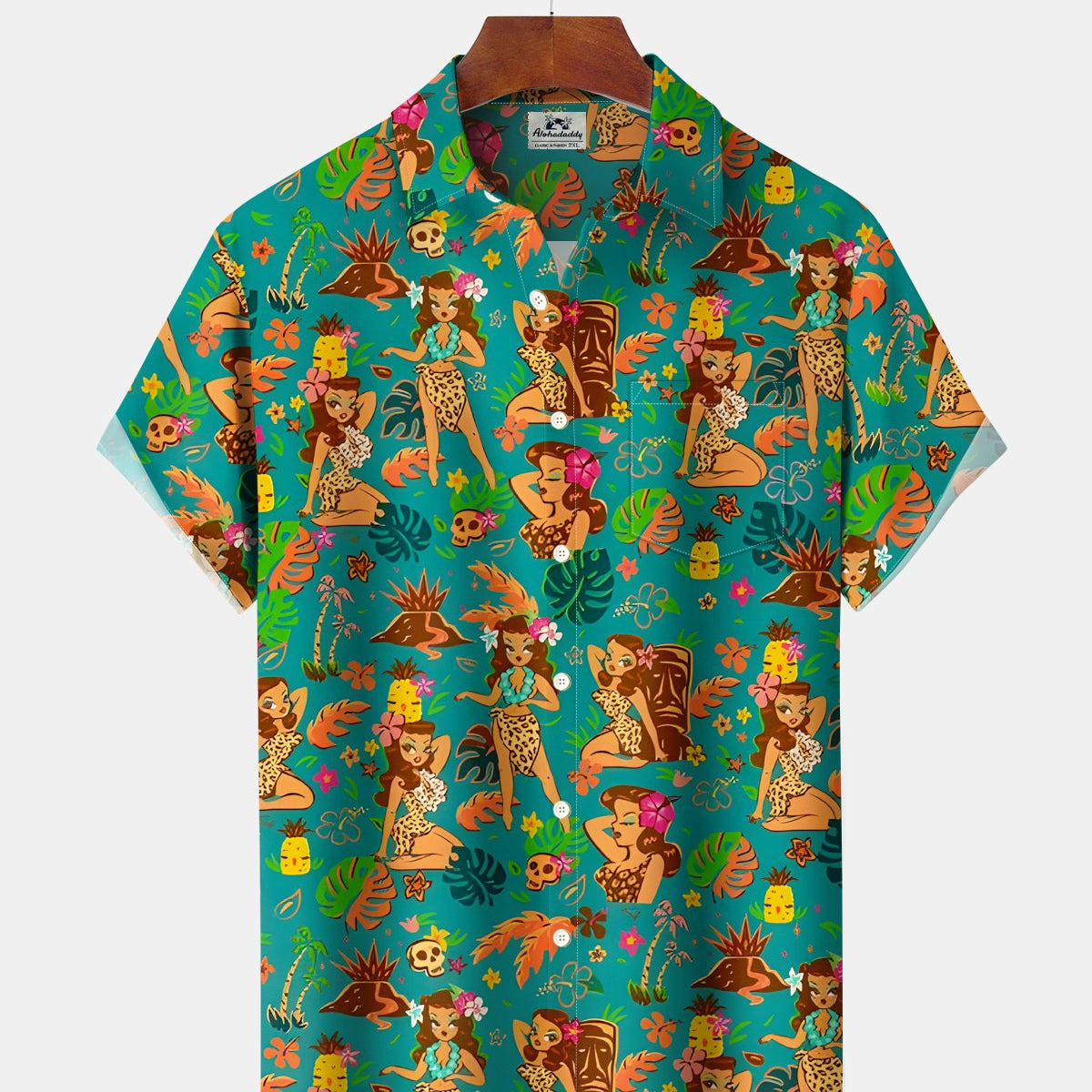 Alohadaddy® Hawaiian Tiki Beach Coconut Tree Straight-Button Shirt