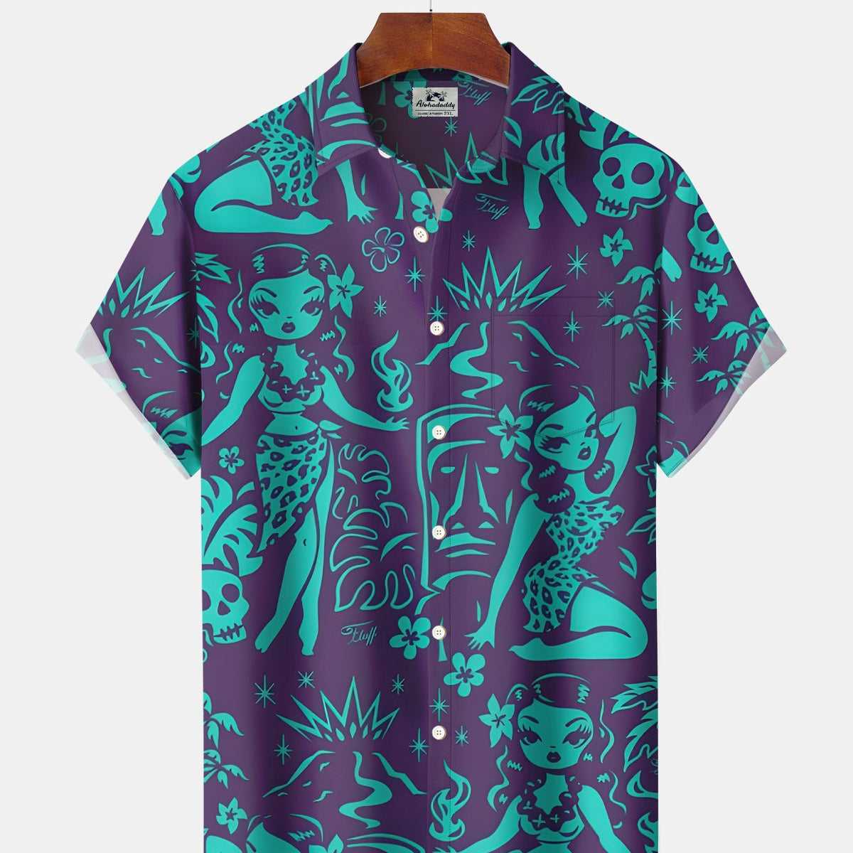 Alohadaddy® Hawaiian tiki Mermaid Coconut Tree Straight-Button Shirt