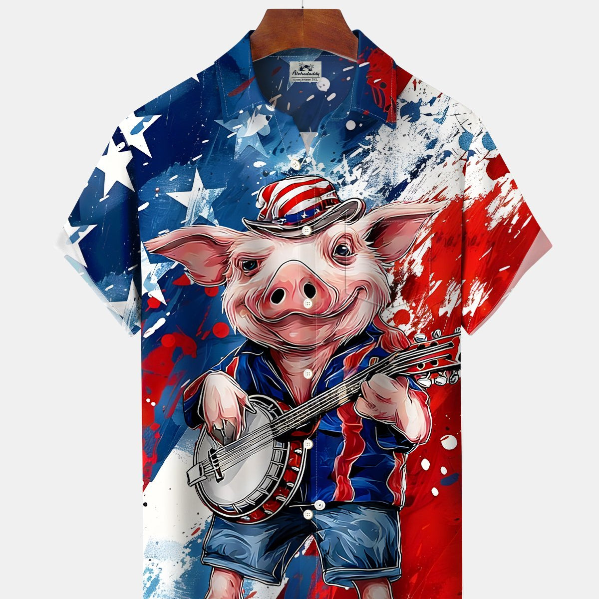 Alohadaddy® Holiday US Independence Day Retro Flag Pig Music Short-Sleeve Shirt