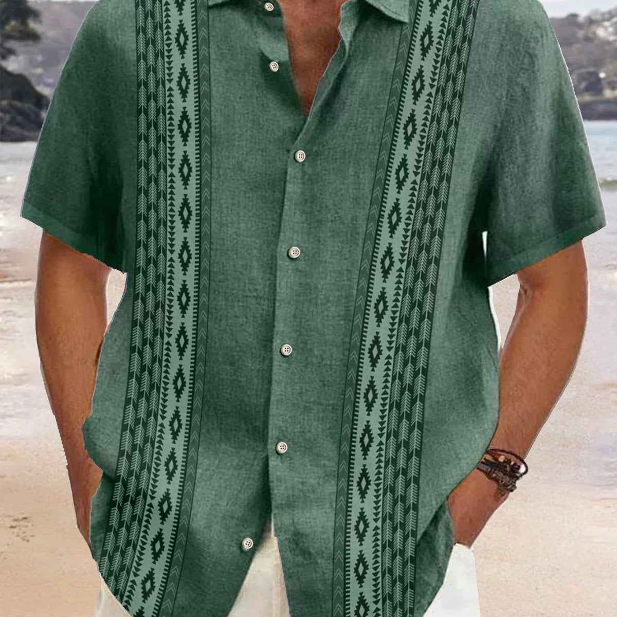 Alohadaddy Cotton Linen Ethnic Aztec Pattern Retro Bowling Shirt Oversized Vacation Aloha Shirt