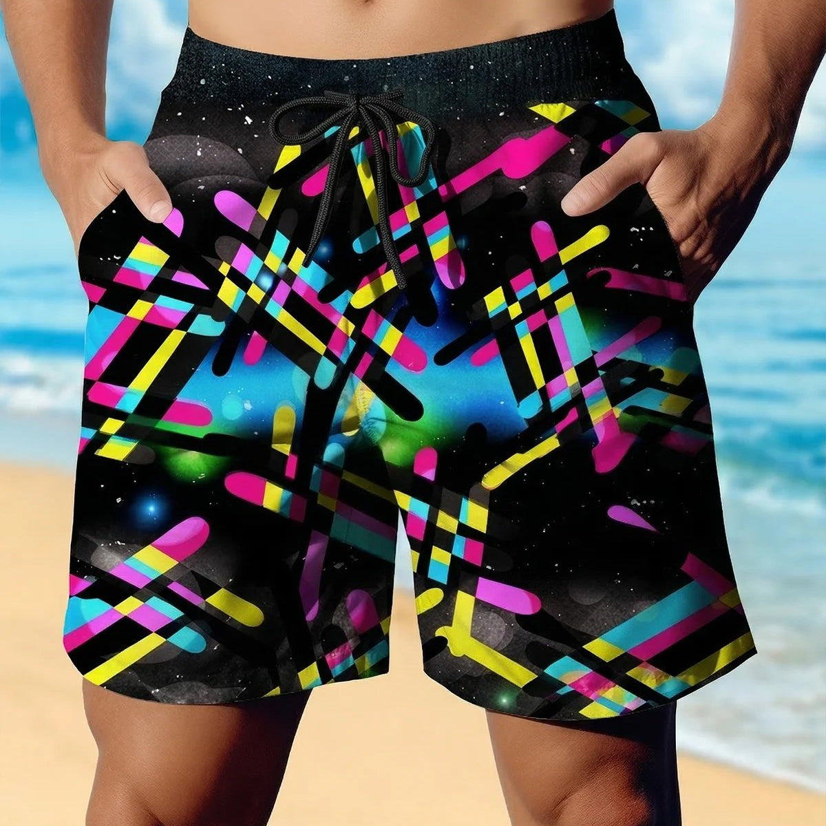 Alohadaddy® Men's Vintage 80s Neon Retro Geometric Space Galaxy Retro Print Retro Print Beach Shorts