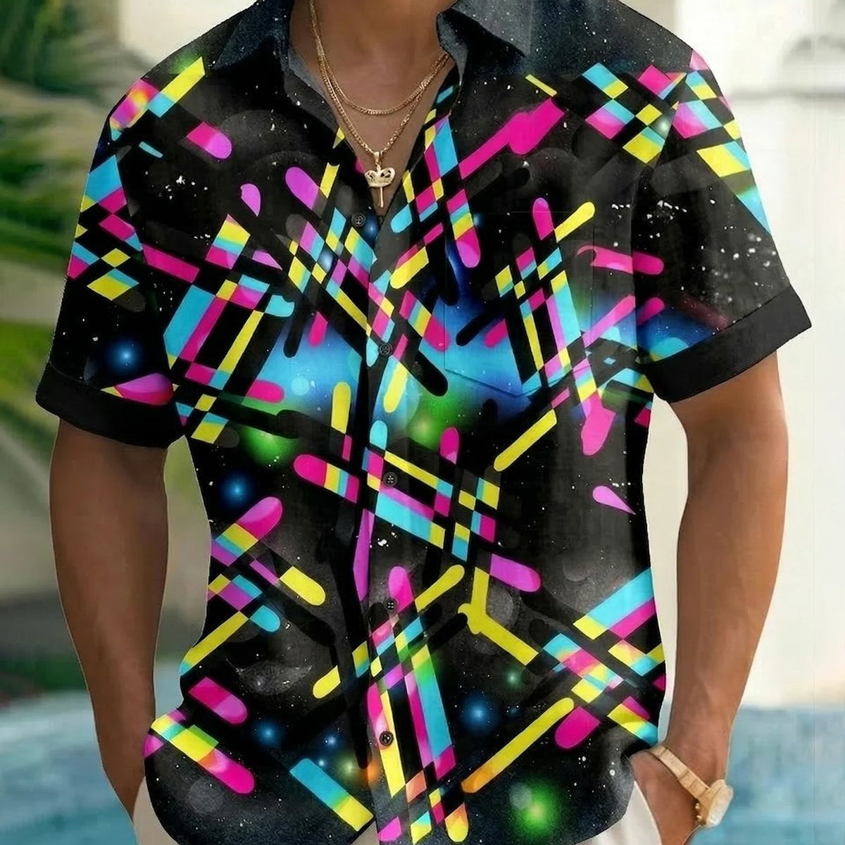 Alohadaddy® Men's Vintage 80s Neon Retro Geometric Space Galaxy Print Button Down Short-Sleeve Big & Tall