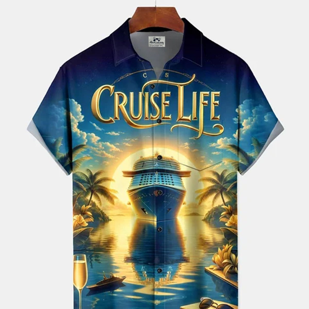 Alohadaddy® Men's Tropic Cruise Life Luxury Ship Tropical Sunset Palm Tree Golden Hour Retro Print Button Down Short-Sleeve Big & Tall