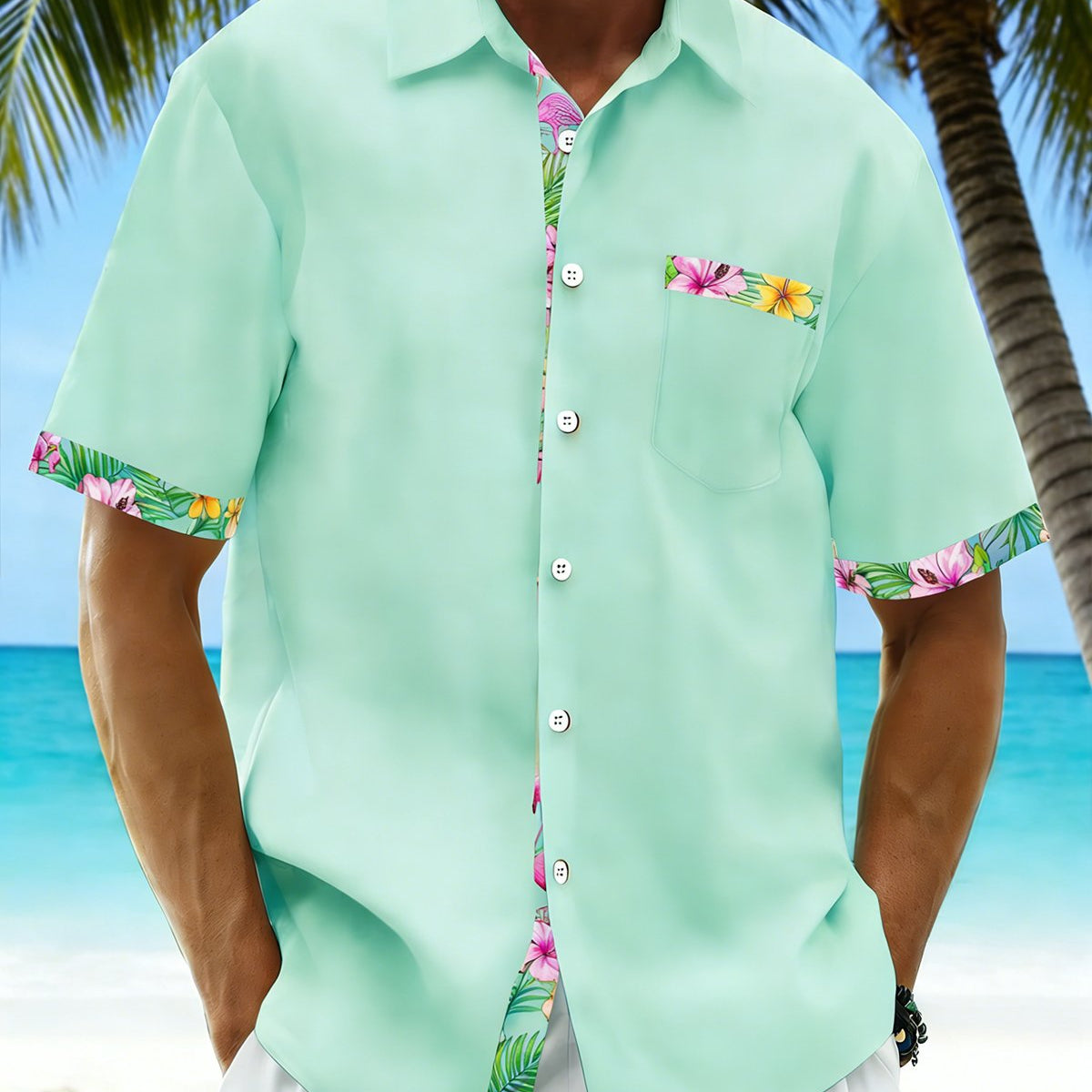 Alohadaddy® Basic Hawaiian Solid Color Flamingo Floral Men's Pocket Shirt Big & Tall