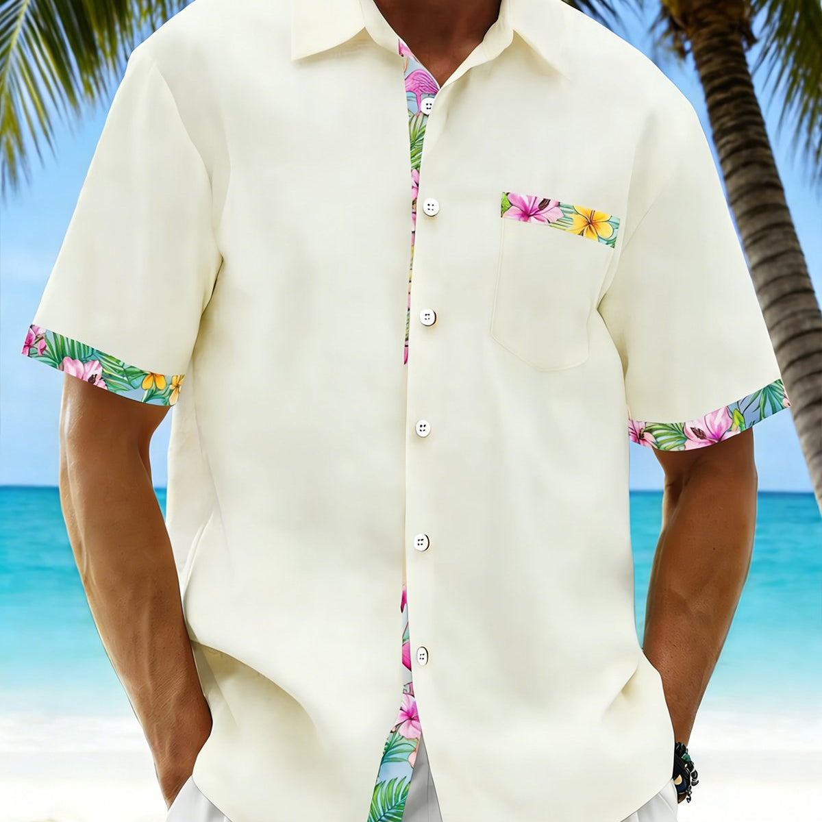 Alohadaddy® Basic Hawaiian Solid Color Flamingo Floral Men's Pocket Shirt Big & Tall
