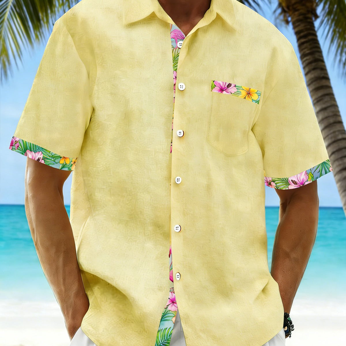 Alohadaddy® Basic Hawaiian Solid Color Flamingo Floral Men's Pocket Shirt Big & Tall