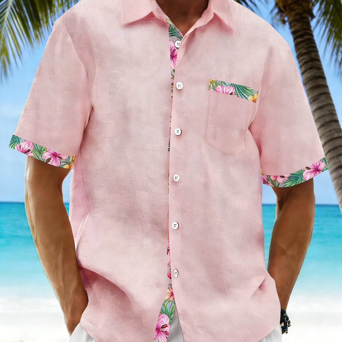 Alohadaddy® Basic Hawaiian Solid Color Flamingo Floral Men's Pocket Shirt Big & Tall