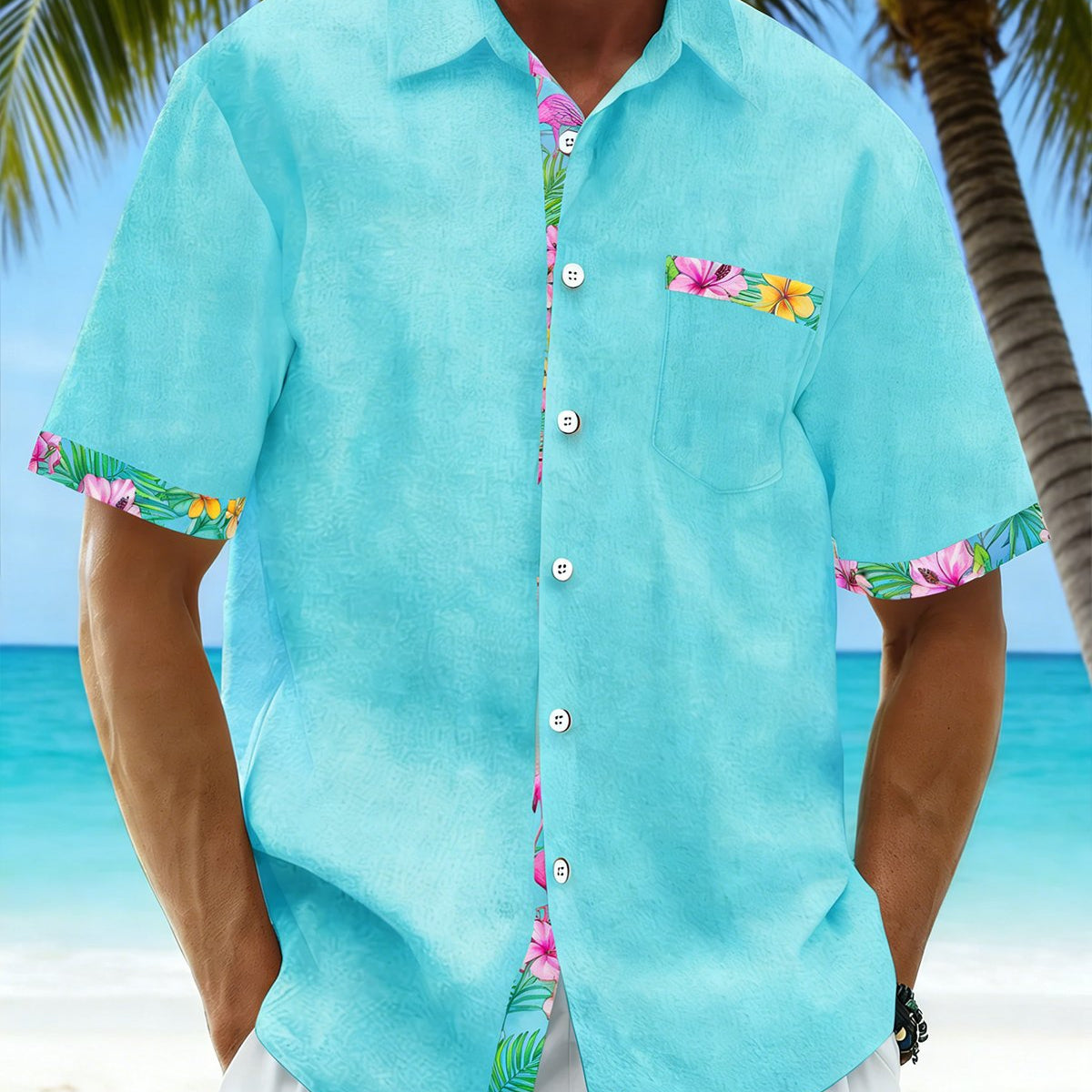 Alohadaddy® Basic Hawaiian Solid Color Flamingo Floral Men's Pocket Shirt Big & Tall