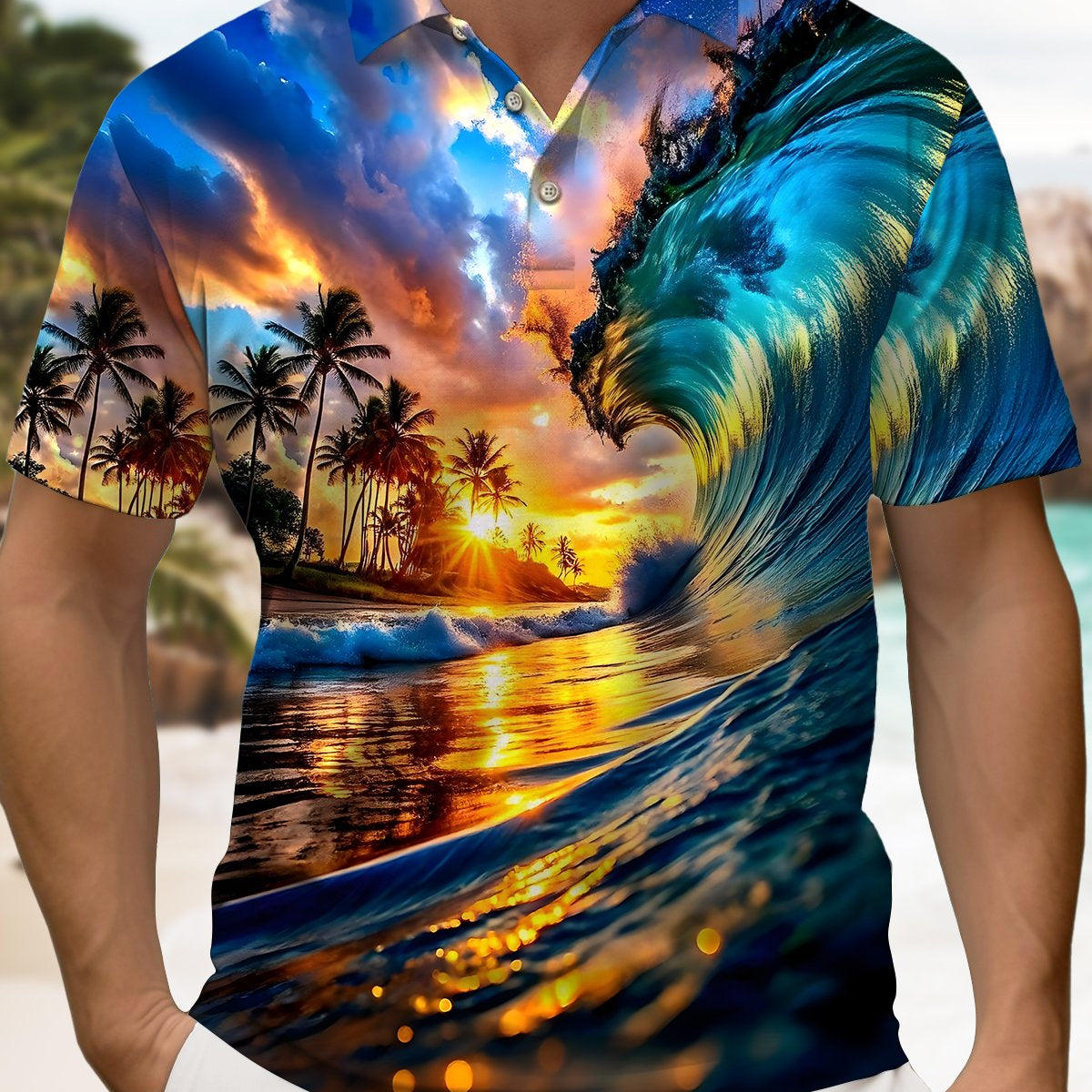 Alohadaddy® Men's Hawaiian Waves & Coconut Trees Short-Sleeve Polo Shirt