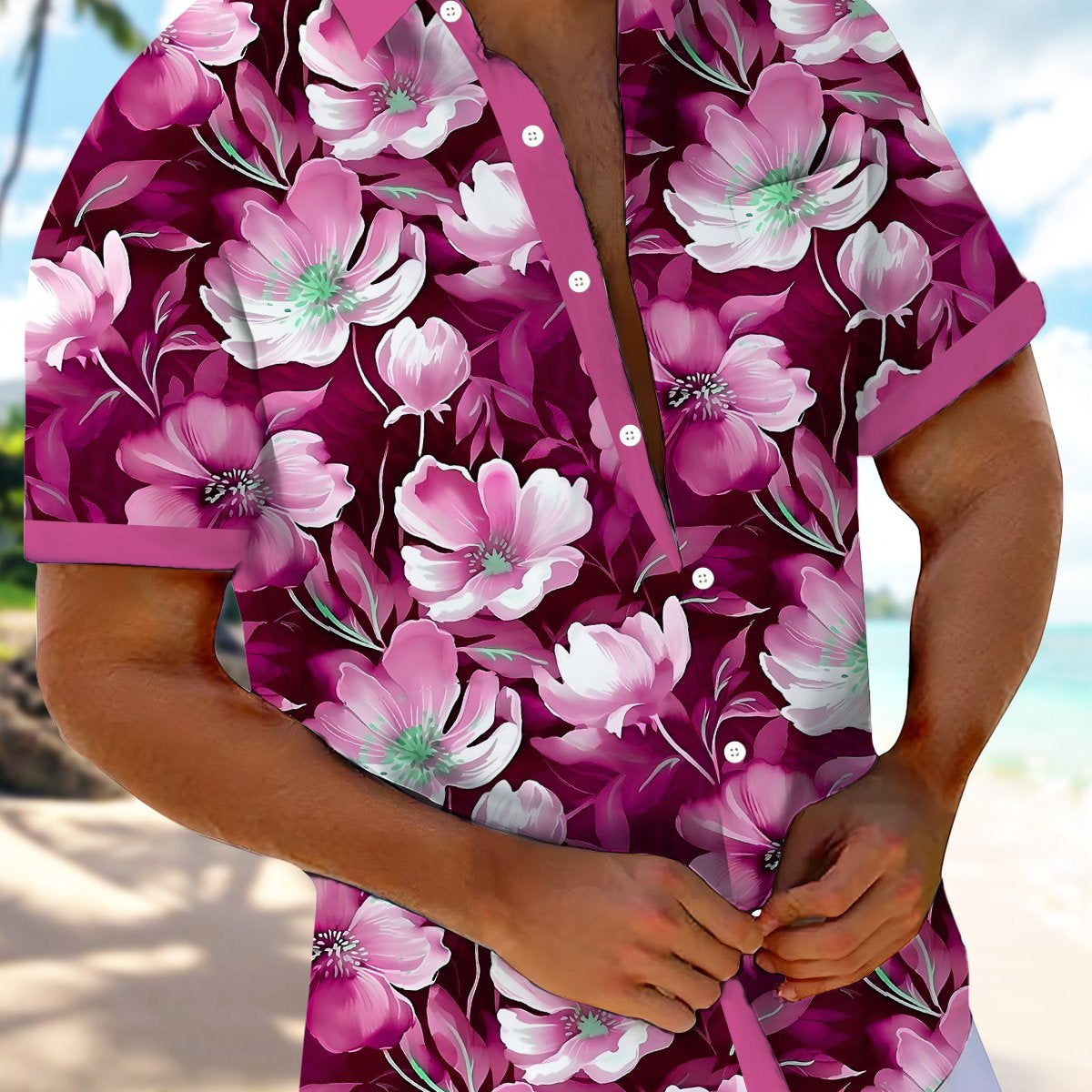 Alohadaddy Hawaiian Floral Print Men's Button Pocket Short Sleeve Shirt