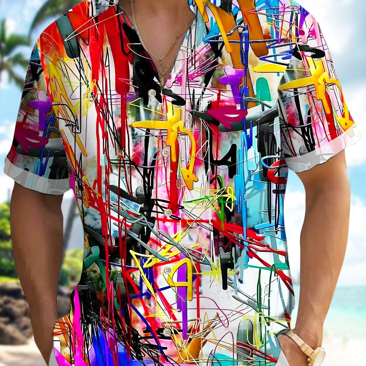 Alohadaddy Vintage Abstract Art Print Men's Button Pocket Hawaiian Shirt