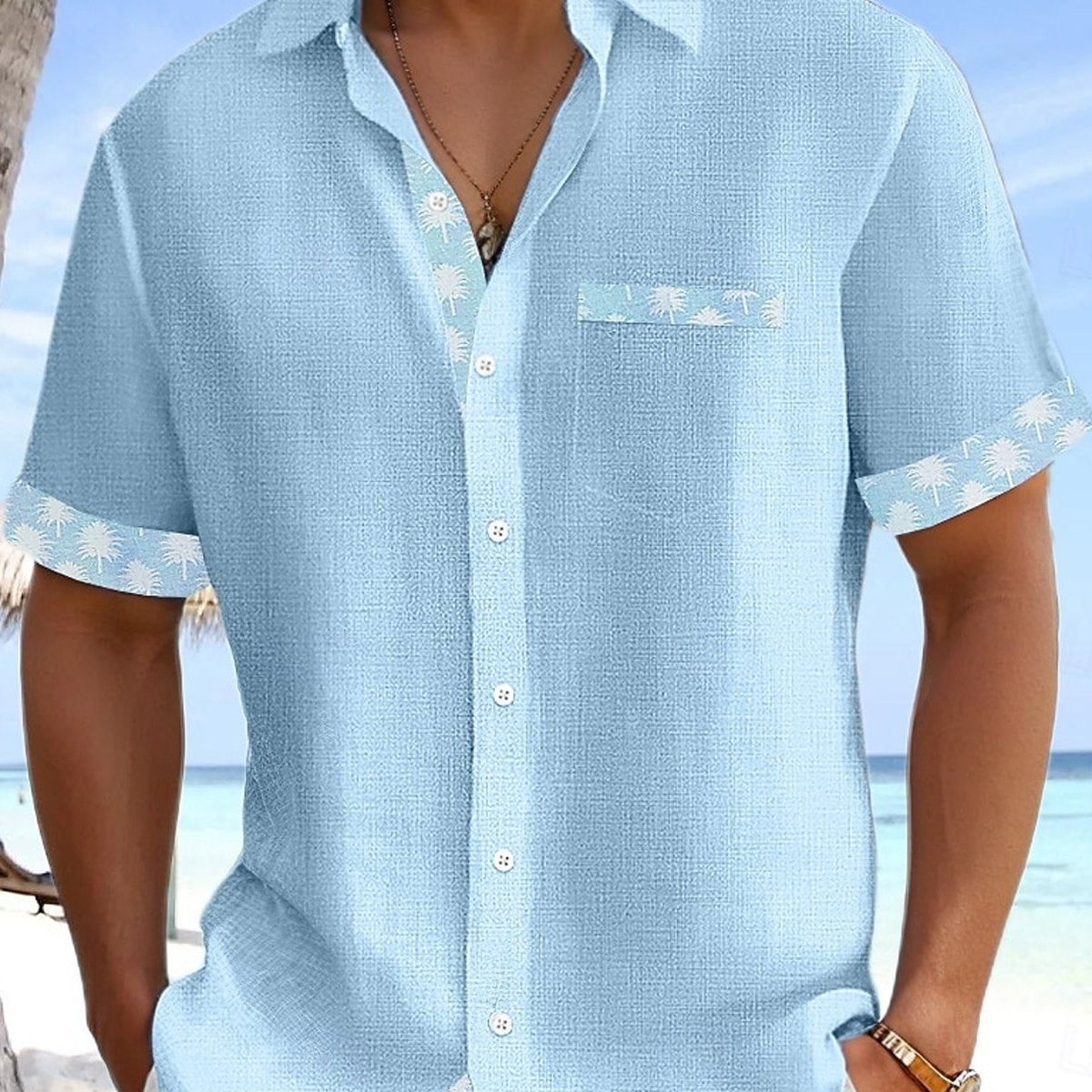 Alohadaddy Breathable Basic Solid Color Patchwork Coconut Tree Pocket Shirt