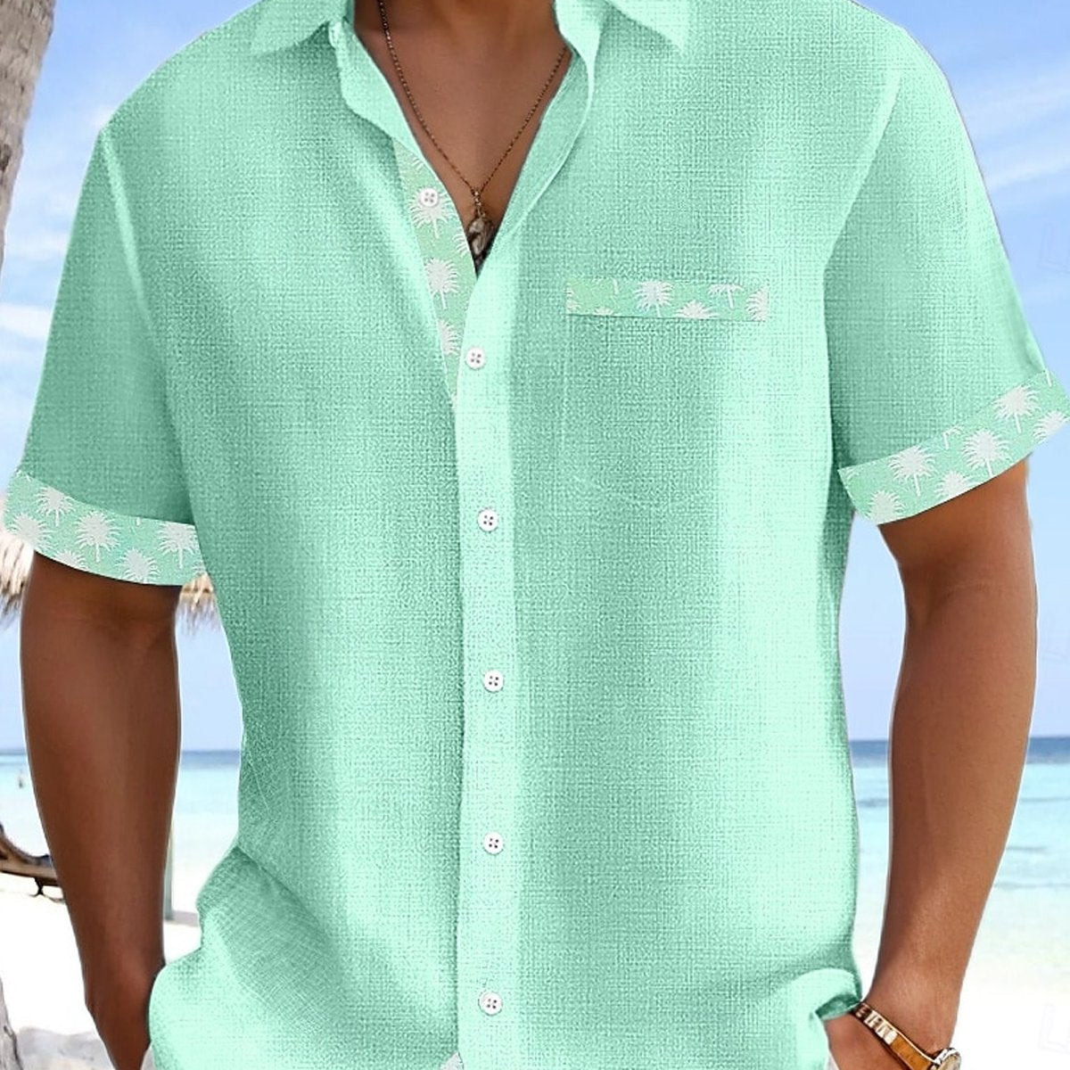 Alohadaddy Breathable Basic Solid Color Patchwork Coconut Tree Pocket Shirt
