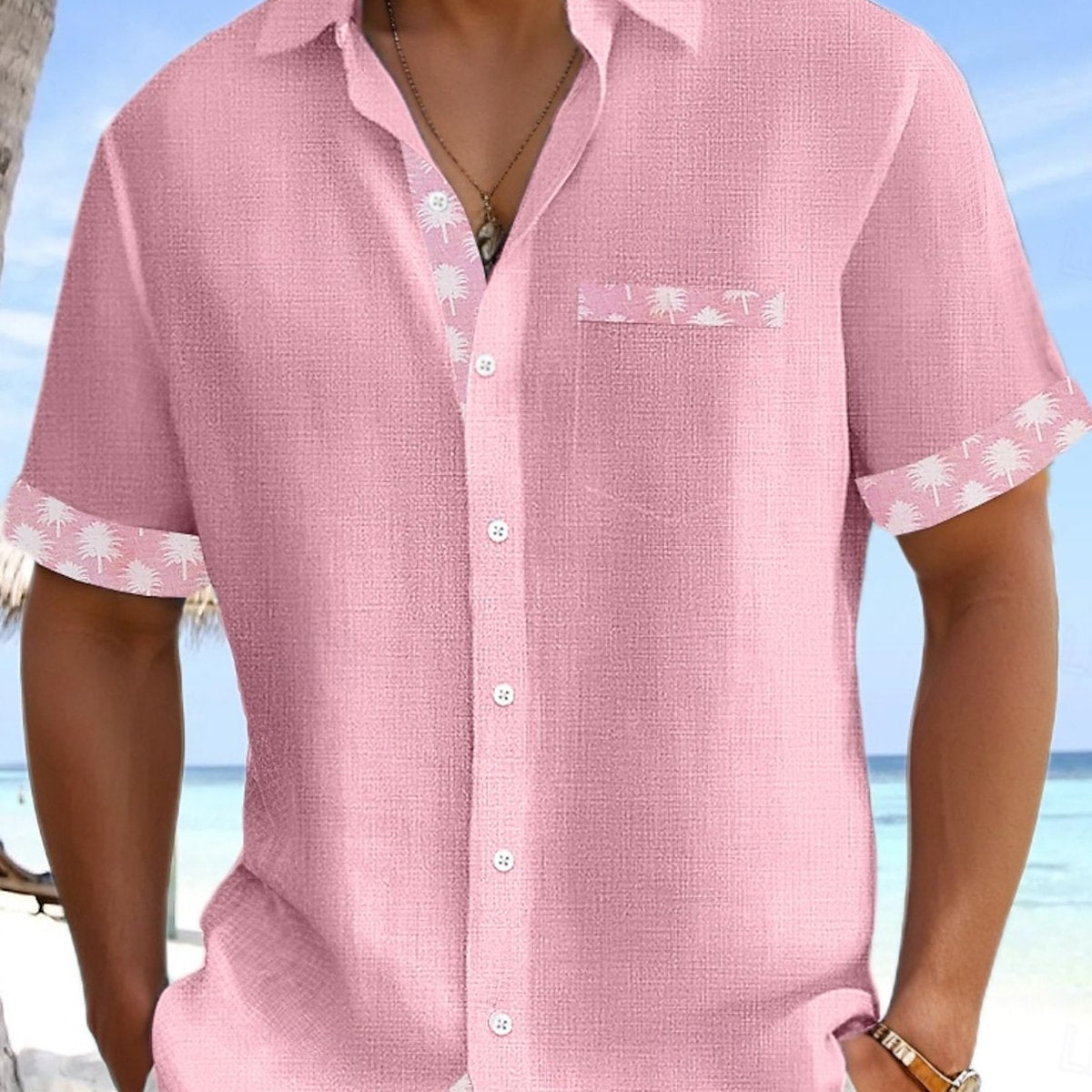 Alohadaddy Breathable Basic Solid Color Patchwork Coconut Tree Pocket Shirt