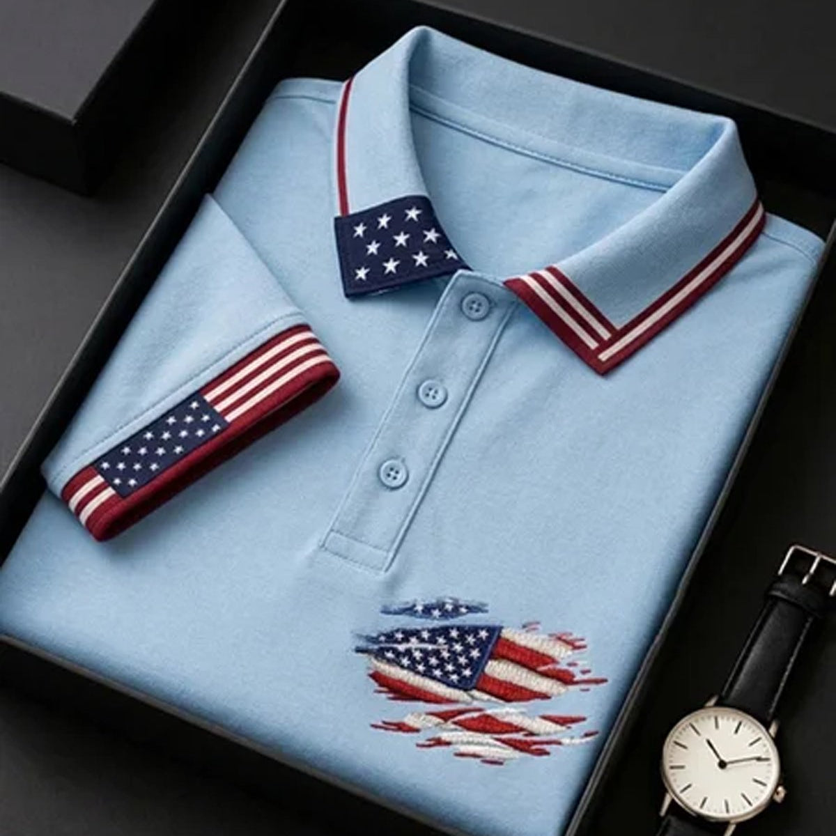 Alohadaddy® Men's Vintage Independence Day Ripped Distressed American Flag Graphic Short Sleeve Polo Shirt Big & Tall