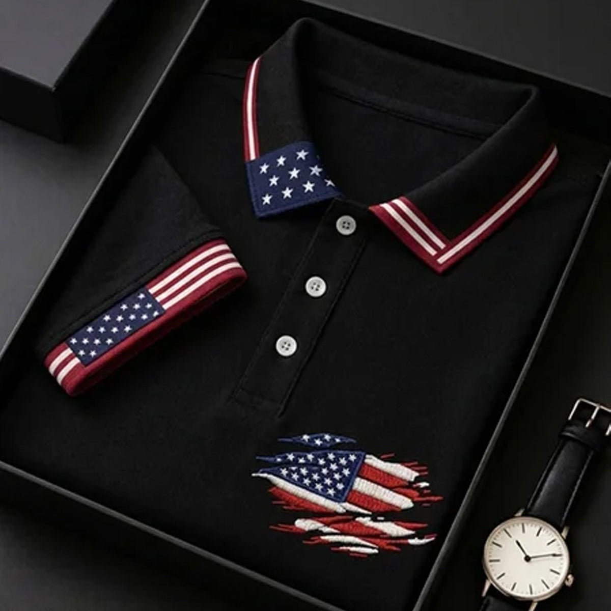 Alohadaddy® Men's Vintage Independence Day Ripped Distressed American Flag Graphic Short Sleeve Polo Shirt Big & Tall