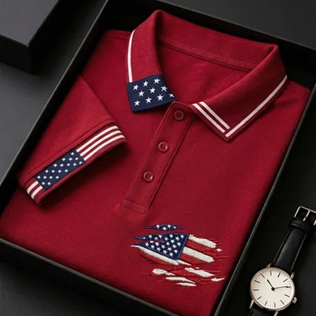 Alohadaddy® Men's Vintage Independence Day Ripped Distressed American Flag Graphic Short Sleeve Polo Shirt Big & Tall