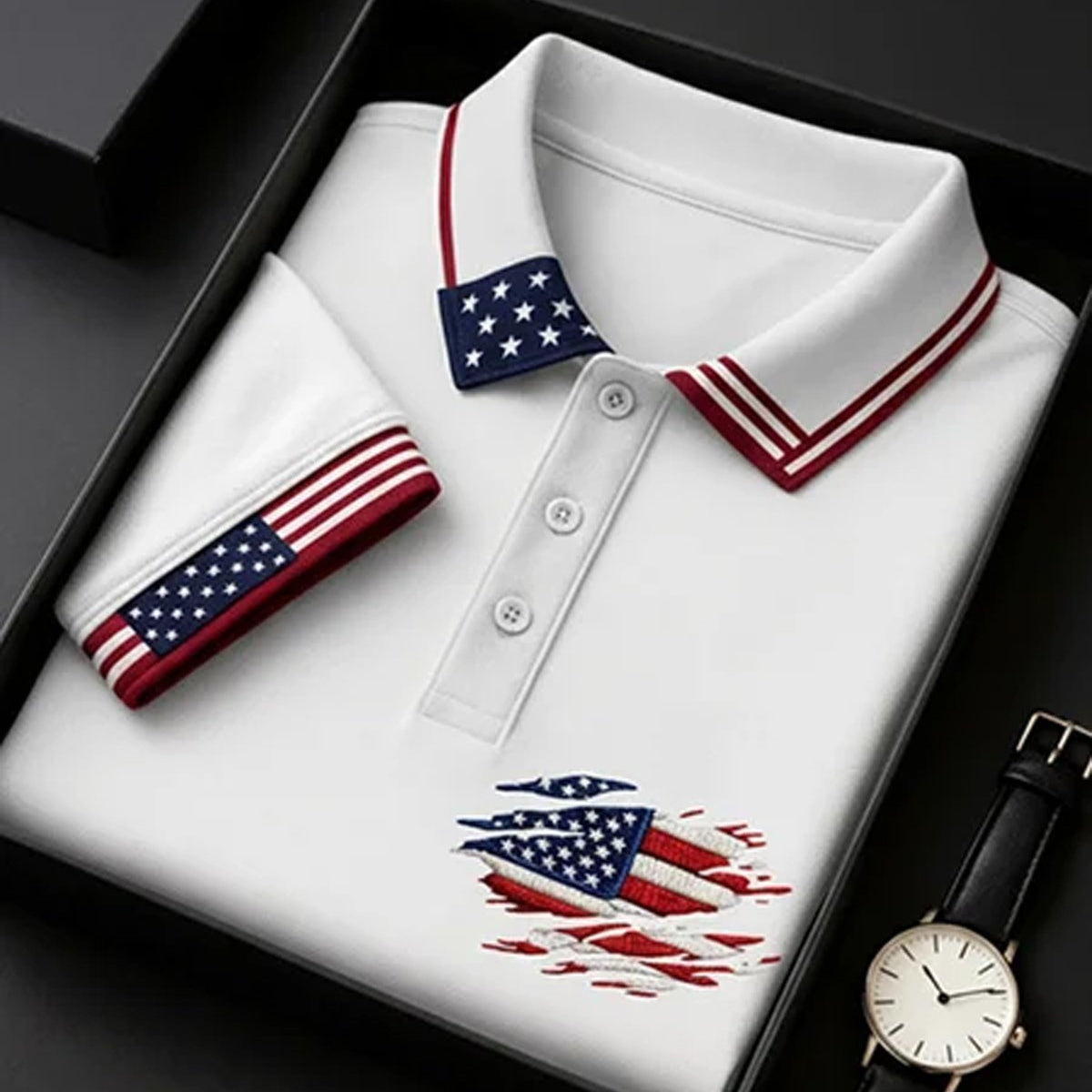 Alohadaddy® Men's Vintage Independence Day Ripped Distressed American Flag Graphic Short Sleeve Polo Shirt Big & Tall