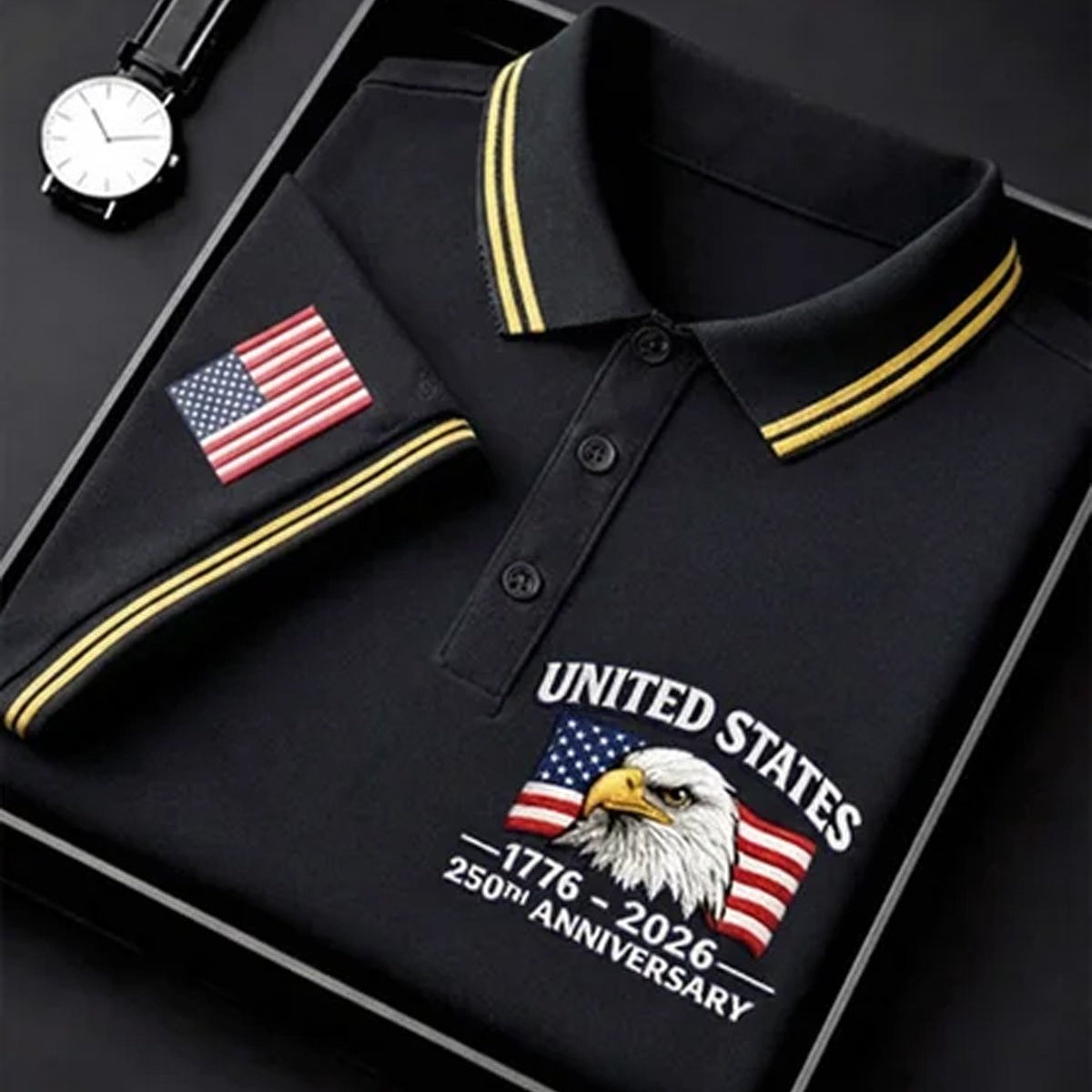 Alohadaddy® Men's Vintage Heritage USA 250th Anniversary Bald Eagle Head Flag Graphic Short Sleeve Polo Shirt Big & Tall