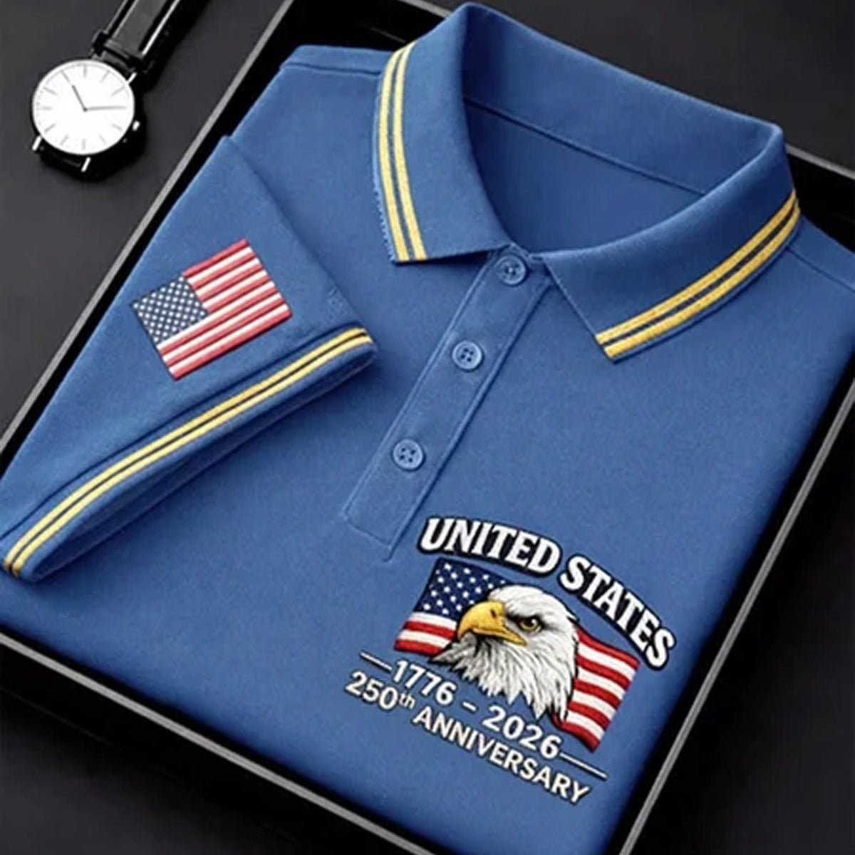 Alohadaddy® Men's Vintage Heritage USA 250th Anniversary Bald Eagle Head Flag Graphic Short Sleeve Polo Shirt Big & Tall