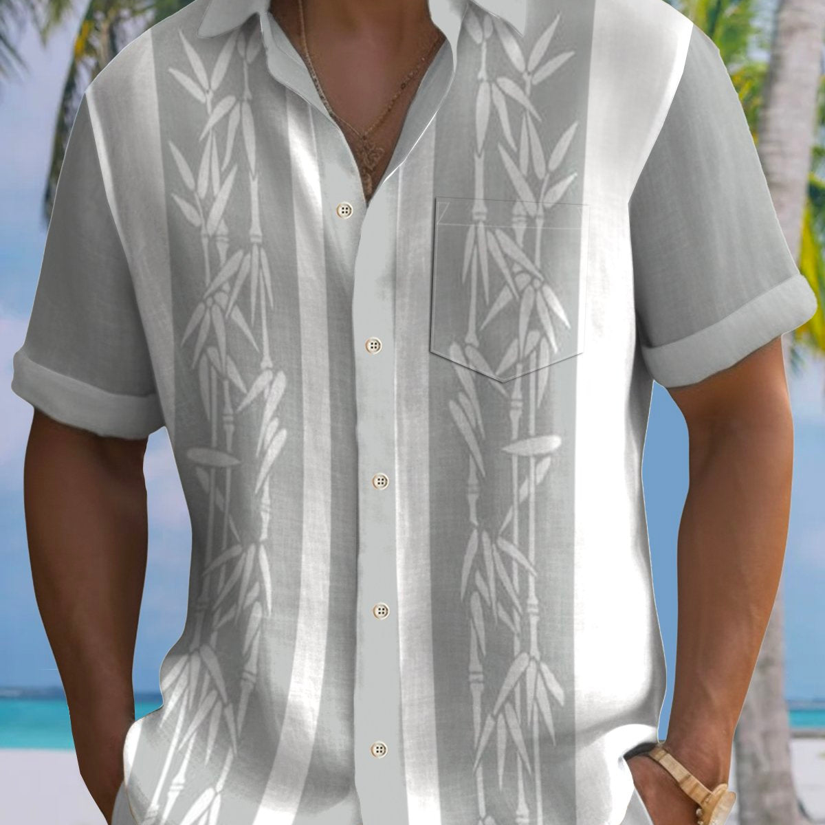 Camisa hawaiana de playa con estampado de plantas de bambú y bolos vintage para hombre de Alohadaddy Pocket, talla grande y alta