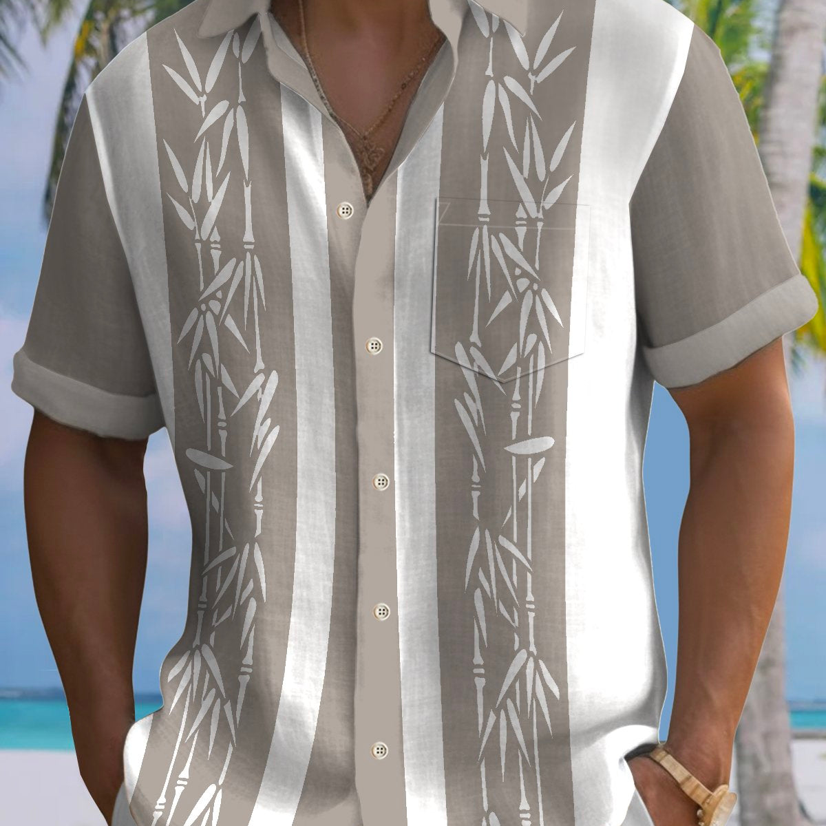Camisa hawaiana de playa con estampado de plantas de bambú y bolos vintage para hombre de Alohadaddy Pocket, talla grande y alta