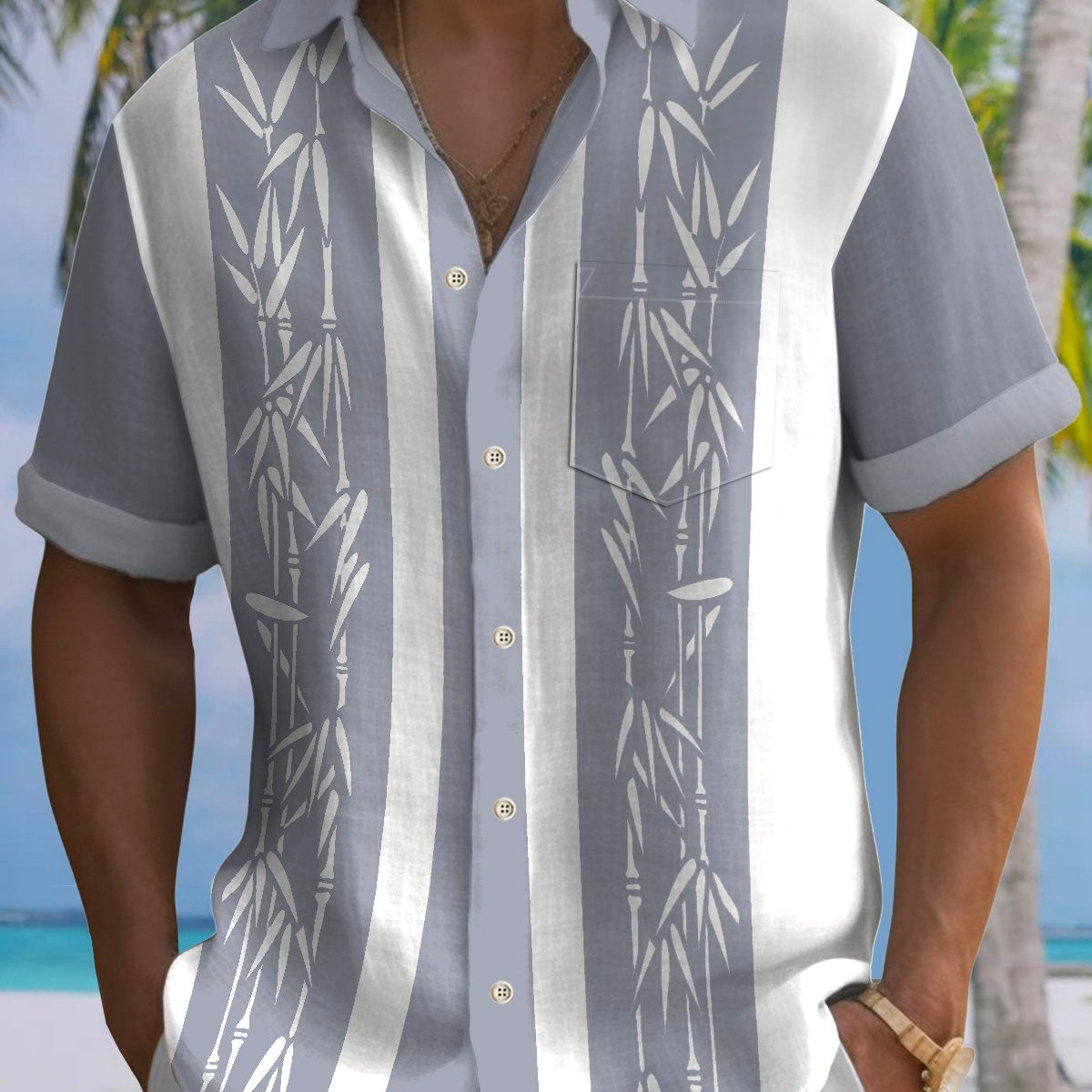 Camisa hawaiana de playa con estampado de plantas de bambú y bolos vintage para hombre de Alohadaddy Pocket, talla grande y alta