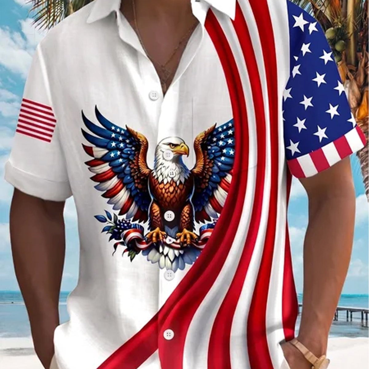 Alohadaddy® Men's Holiday 250th Majestic Bald Eagle Star-Spangled Banner Motif Asymmetric Patriotic Layout Print Retro Button Down Short-Sleeve Big & Tall