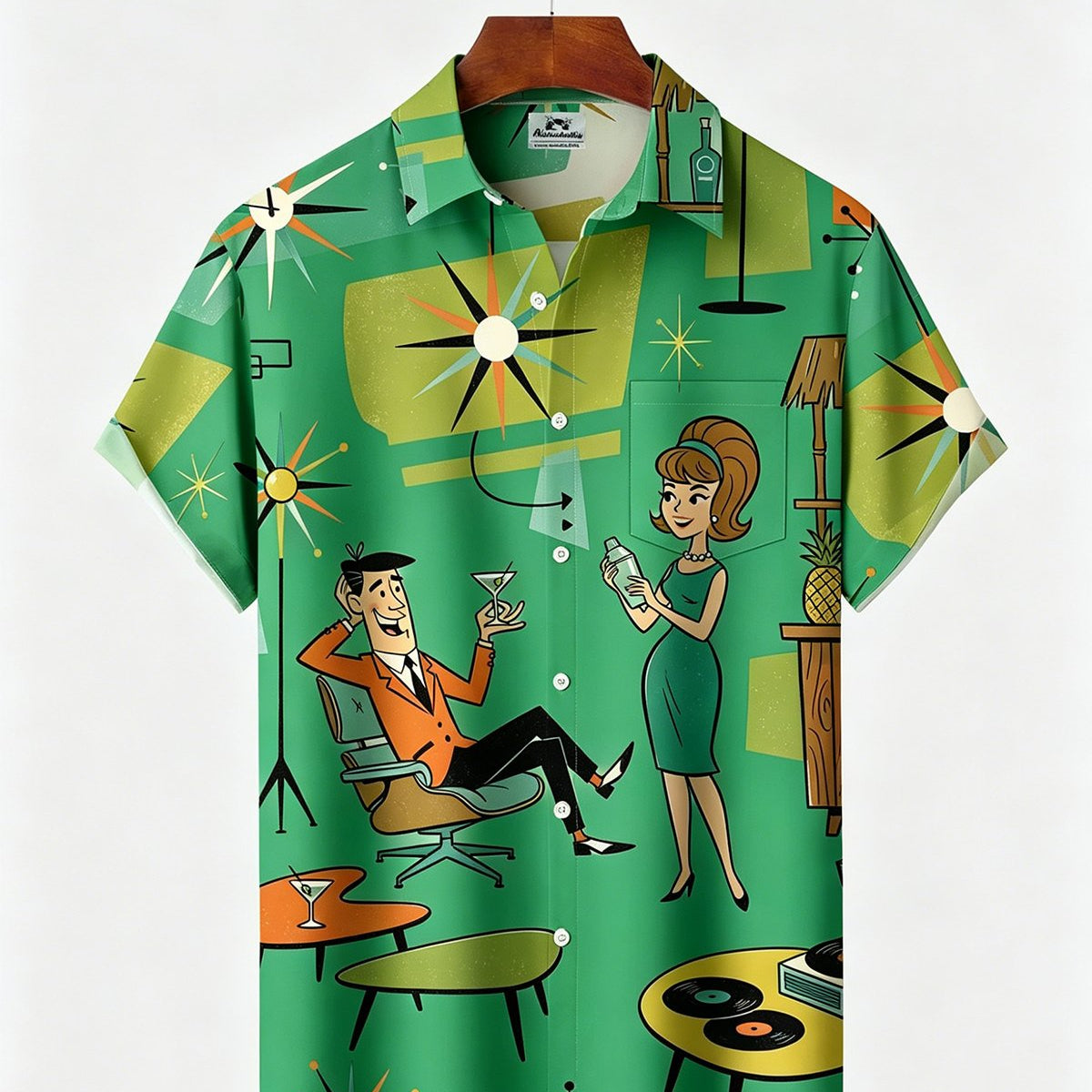 Alohadaddy® Retro Medieval Atomic Geometry Print Men's Button Pocket Short-Sleeve Hawaiian Big & Tall