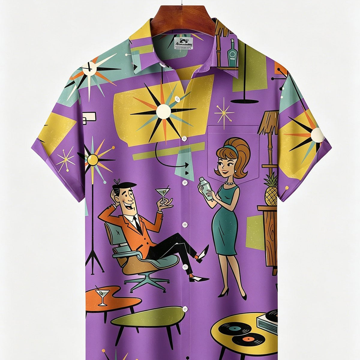 Alohadaddy® Retro Medieval Atomic Geometry Print Men's Button Pocket Short-Sleeve Hawaiian Big & Tall