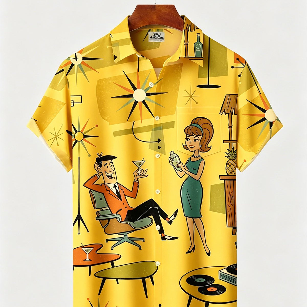 Alohadaddy® Retro Medieval Atomic Geometry Print Men's Button Pocket Short-Sleeve Hawaiian Big & Tall