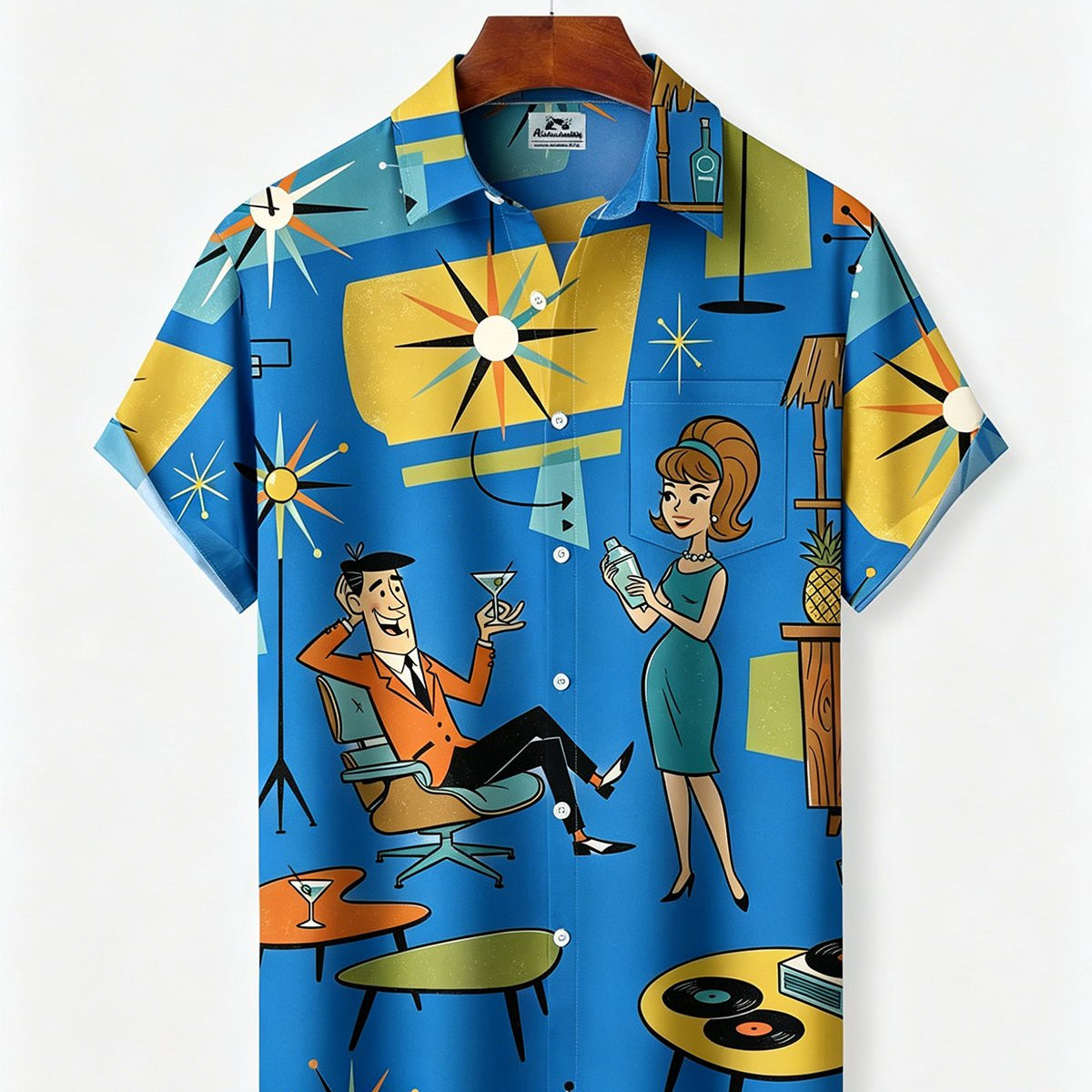 Alohadaddy® Retro Medieval Atomic Geometry Print Men's Button Pocket Short-Sleeve Hawaiian Big & Tall