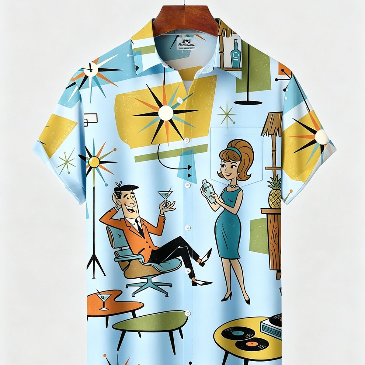 Alohadaddy® Retro Medieval Atomic Geometry Print Men's Button Pocket Short-Sleeve Hawaiian Big & Tall