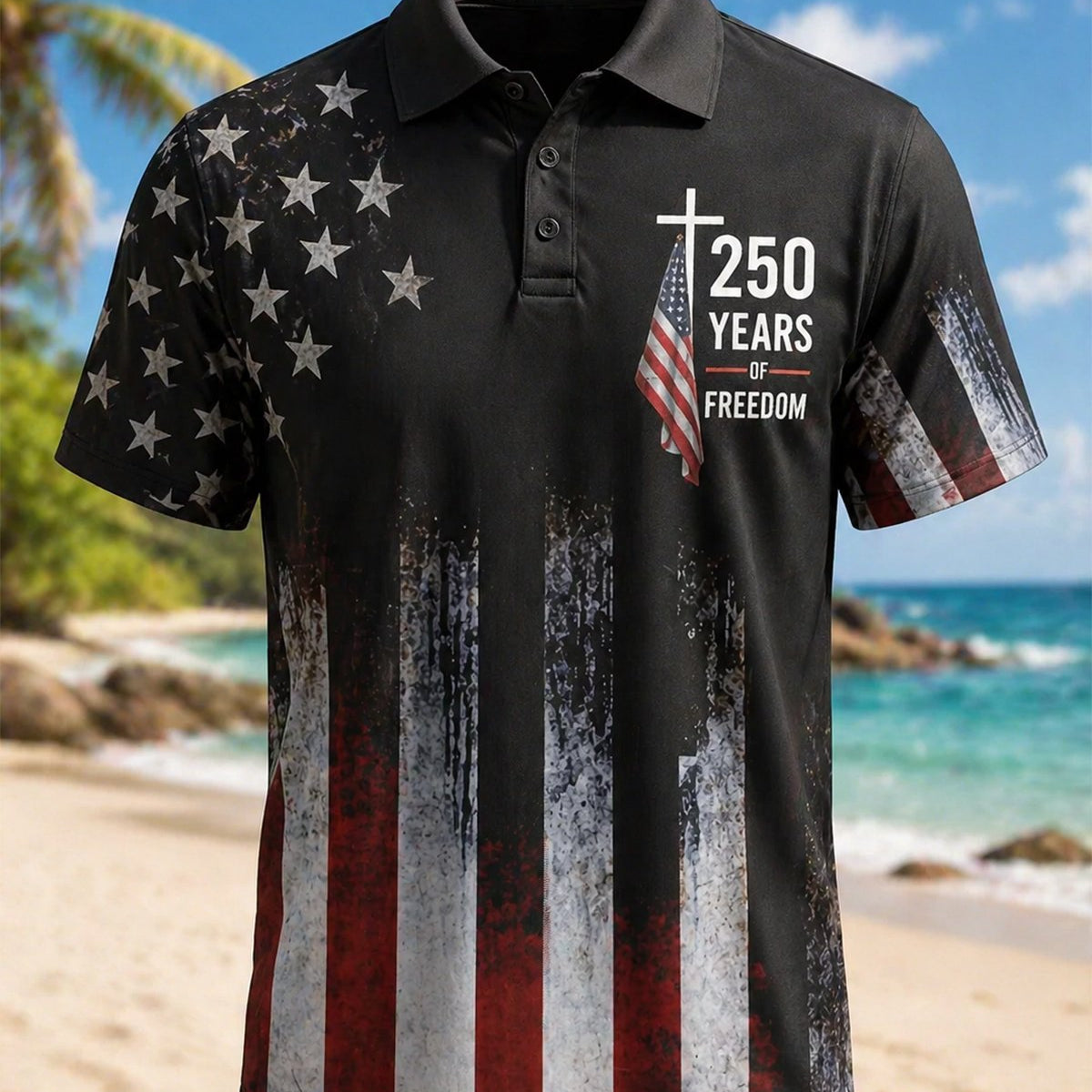 Alohadaddy® American Flag 250th Independence Day Commemorative Short-Sleeve Polo Shirt