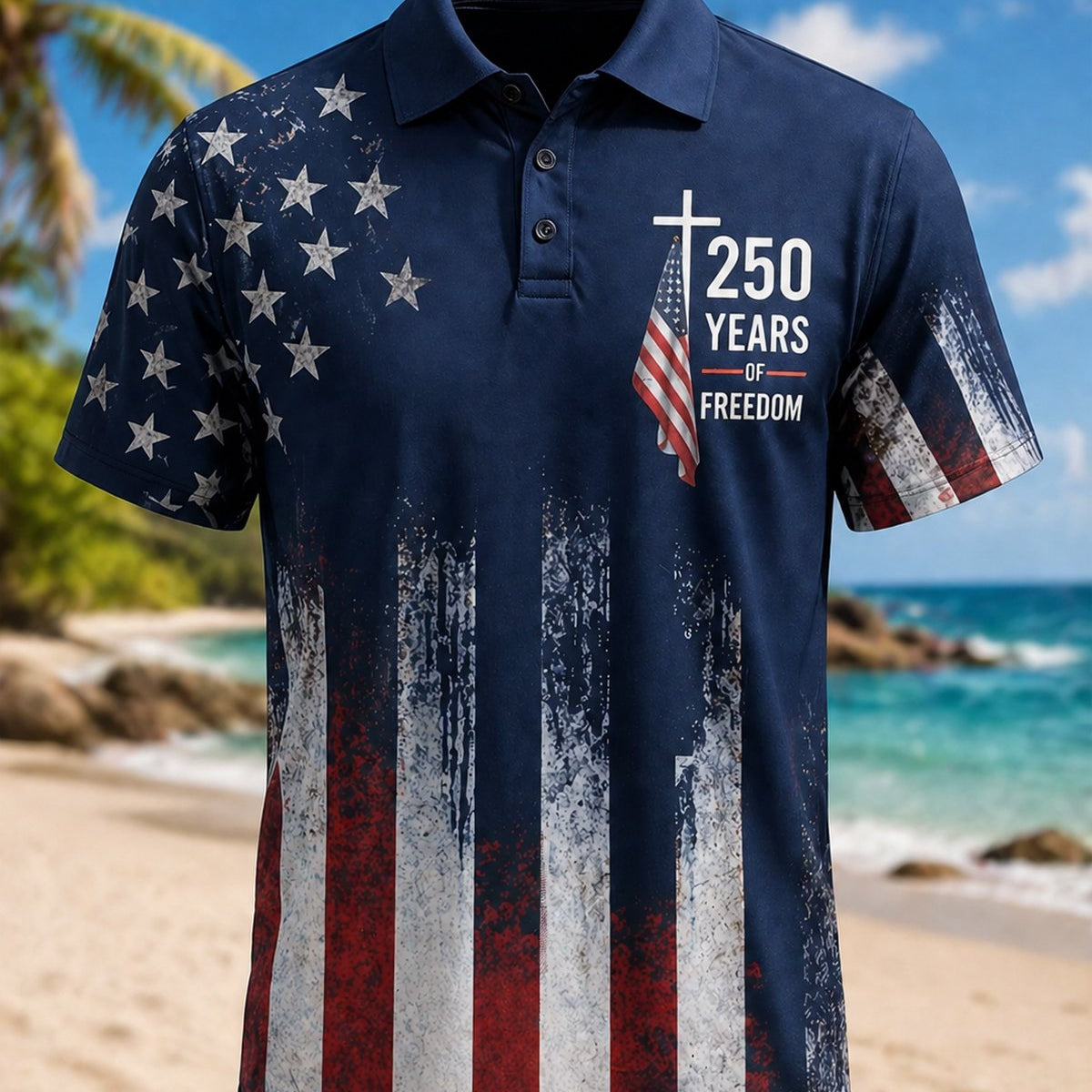 Alohadaddy® American Flag 250th Independence Day Commemorative Short-Sleeve Polo Shirt