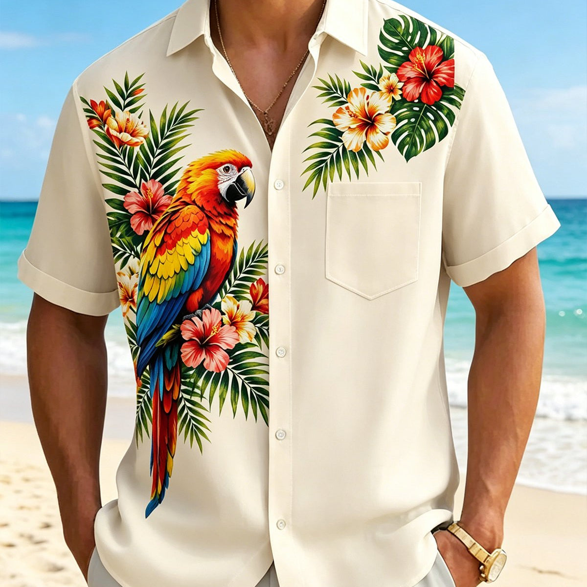 Alohadaddy® Tropical Hibiscus Banana Leaf Hawaiian Parrot Short-Sleeve Shirt
