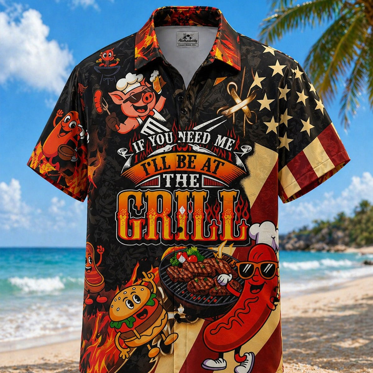 Alohadaddy® Hawaiian BBQ Party Independence Day Flag Short-Sleeve Shirt