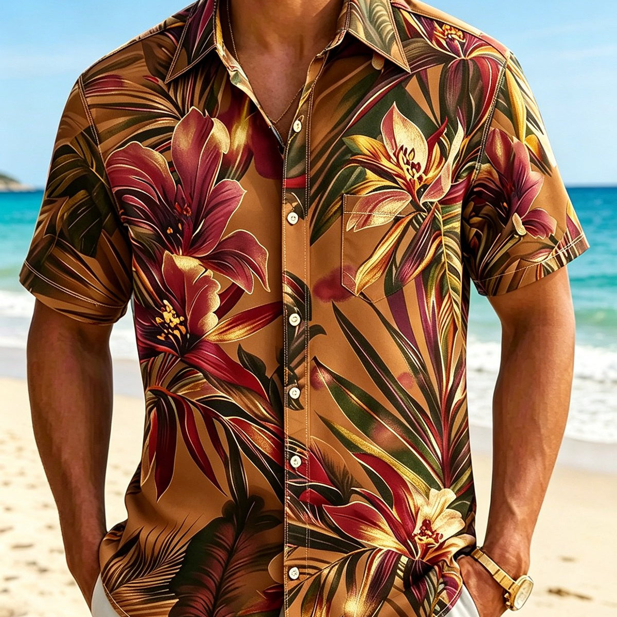 Alohadaddy® Hawaiian Classic Floral Tropical Plant Short-Sleeve Shirt