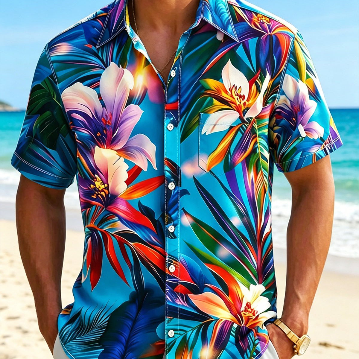 Alohadaddy® Hawaiian Classic Floral Tropical Plant Short-Sleeve Shirt
