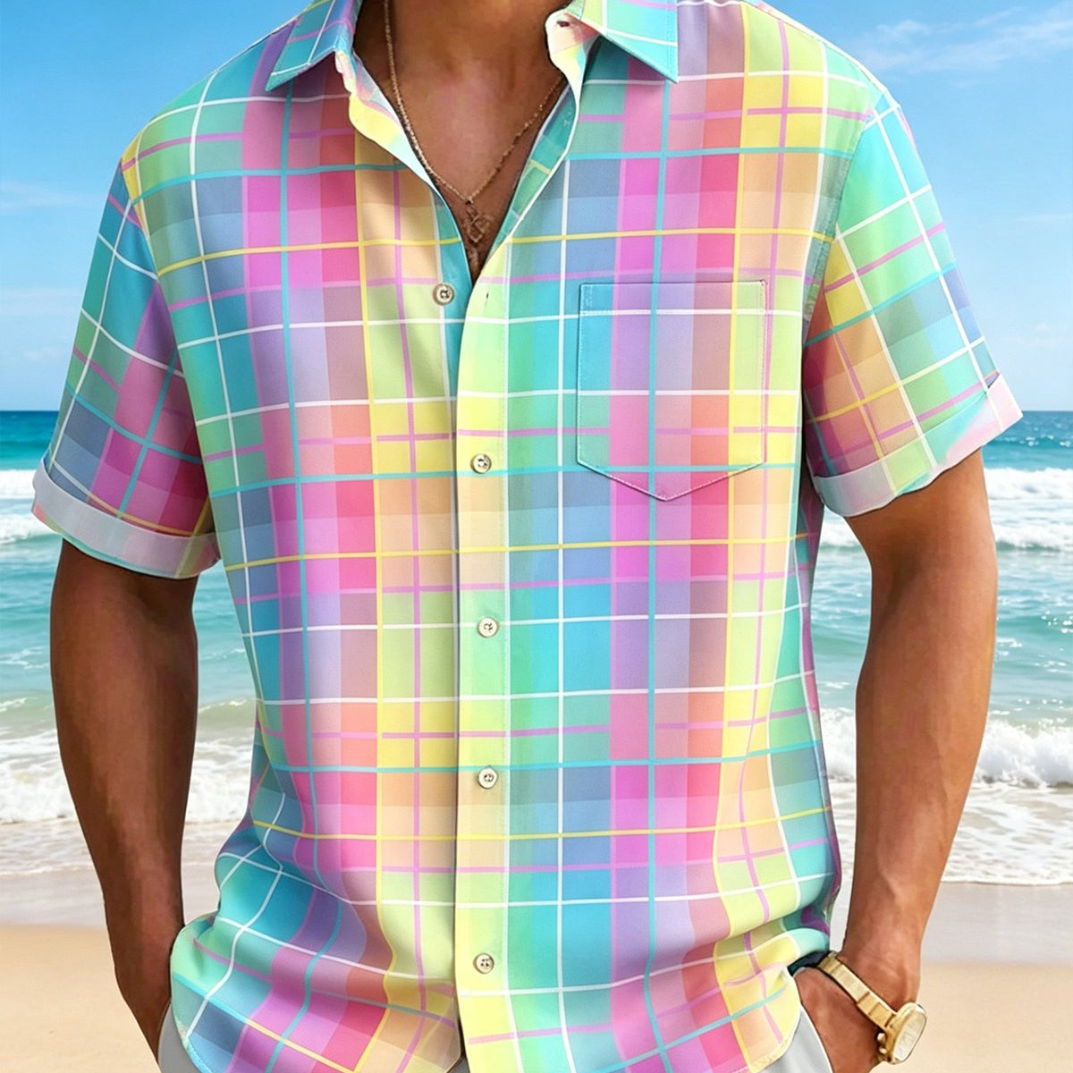 Alohadaddy® Retro Check Geometric Abstract Color Block Pocket Short-Sleeve Shirt