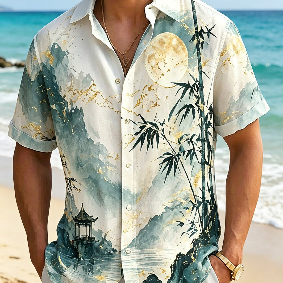 Alohadaddy® Men's Vintage Abstract Classical Imagery Illustration Emerald Ink Texture Serene Moonlit River Print Retro Button Down Short-Sleeve Shirt
