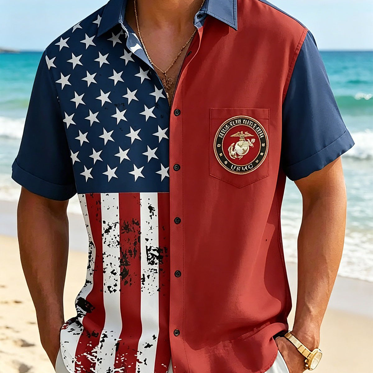 Alohadaddy® Retro 250th Independence Day U.S. Flag Holiday Short-Sleeve Shirt