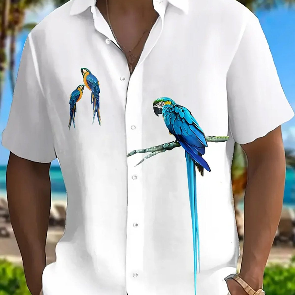 Alohadaddy® Hawaiian Parrot Print Men's Button Short Sleeve Shirt Big & Tall